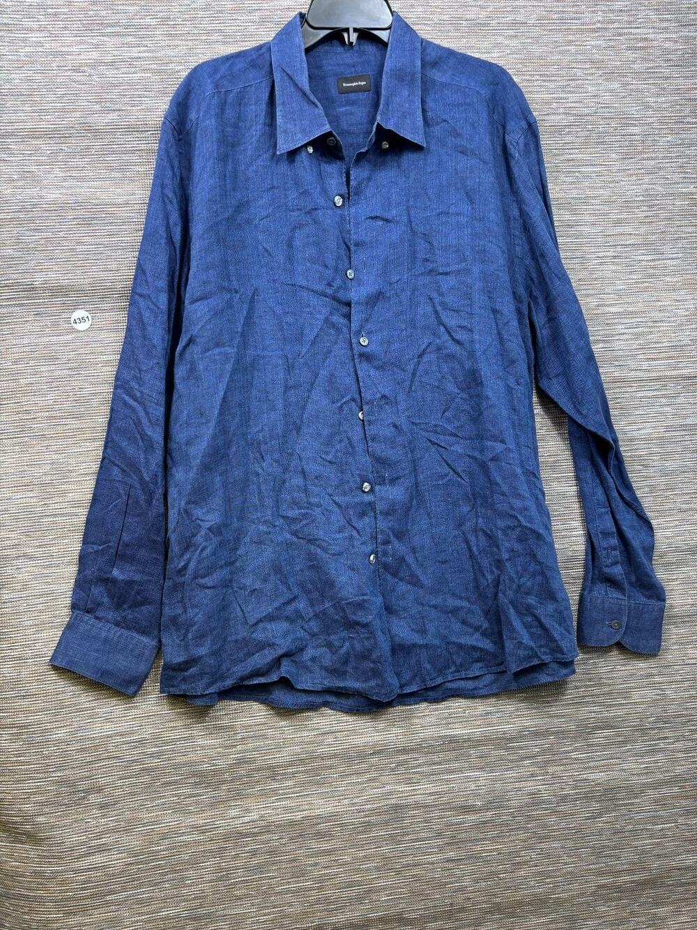 Ermenegildo Zegna Shirt Mens 2XL Blue Linen Woven Button Up Long Sleeve Casual